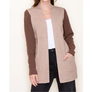 Pink‎ Clover Color Block Cardigan Sweater Pockets Taupe Brown Womens small NWOT